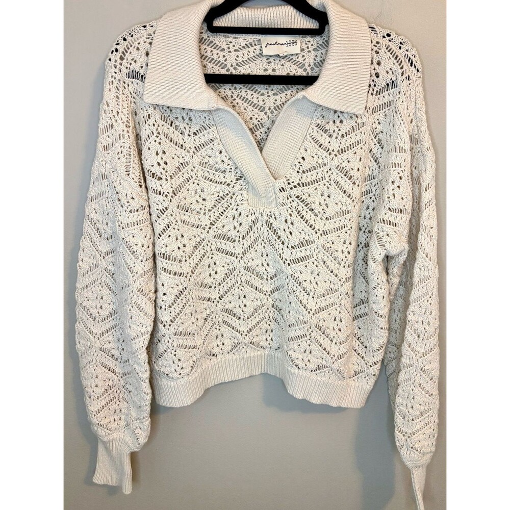 Freshman 1996 Cream Crochet Knit Collared Sweater Size Large